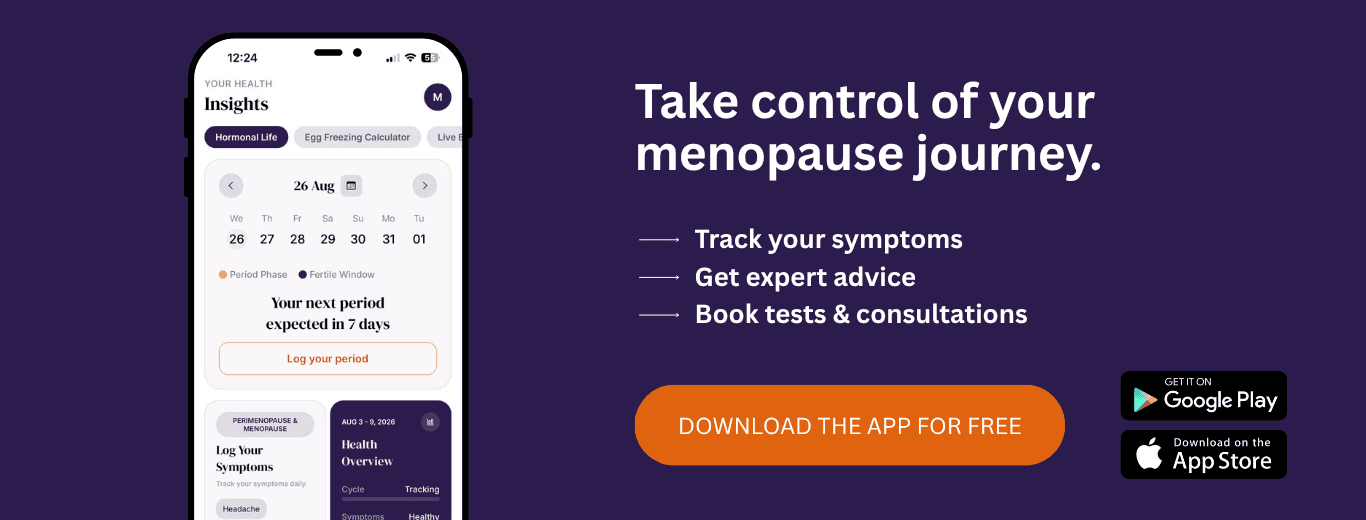 Banner reading "Take control of your menopause journey. Track your symptoms, get expert advice, book tests and consultations." with a "Download the app for free" button and Google Play and App Store badges next to the Ovasave app on a phone